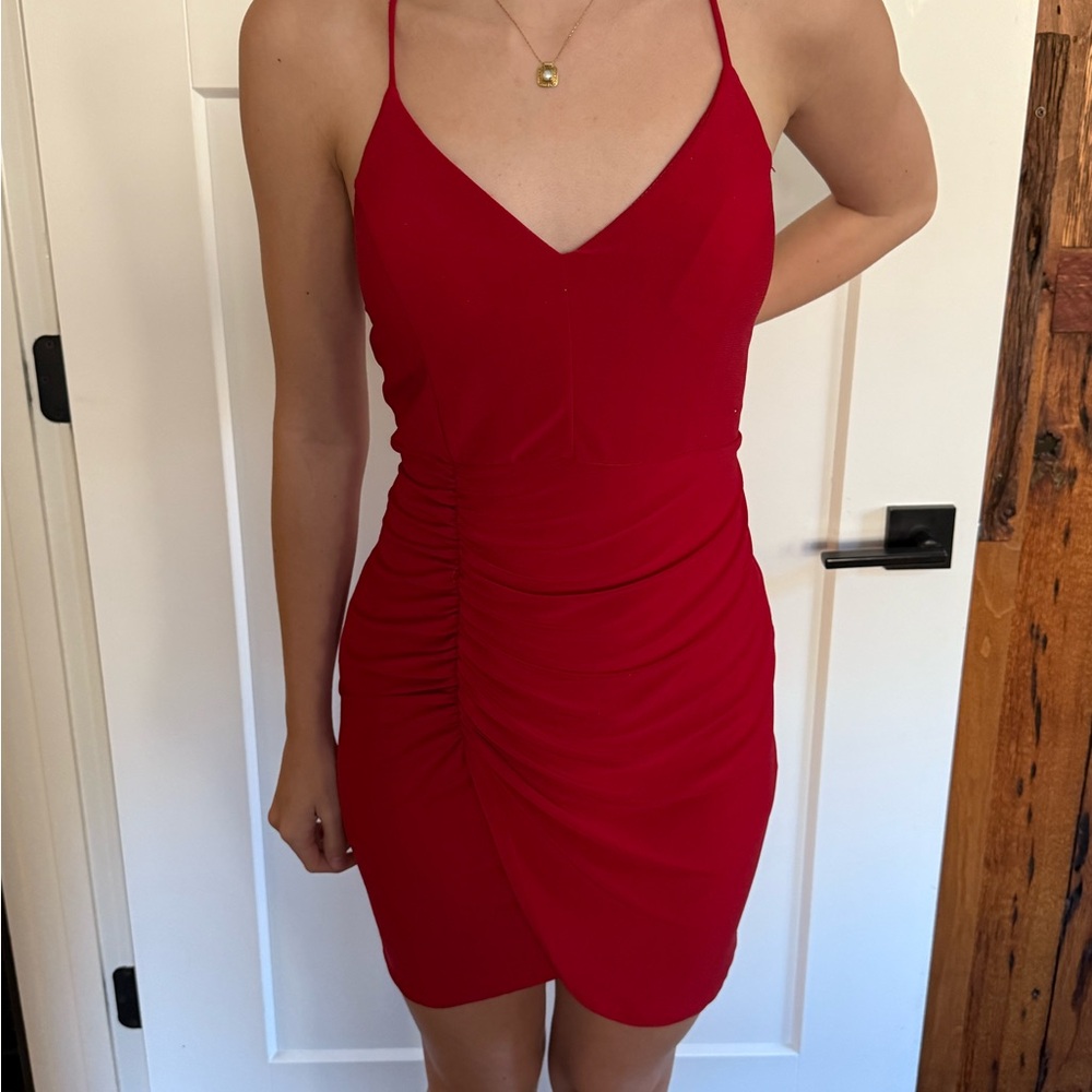 Fashion Magazine Red Bodycon Mini Dress with Ruched Fitted Style and V-neck